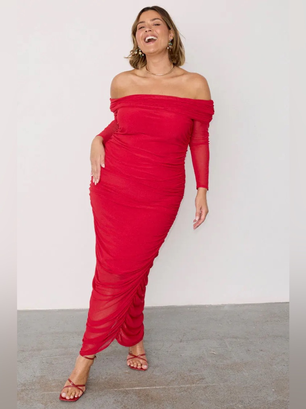 Never Fully Dressed Ruched Off The Shoulder Sheer 3/4 Sleeves Red Maxi Dress 10